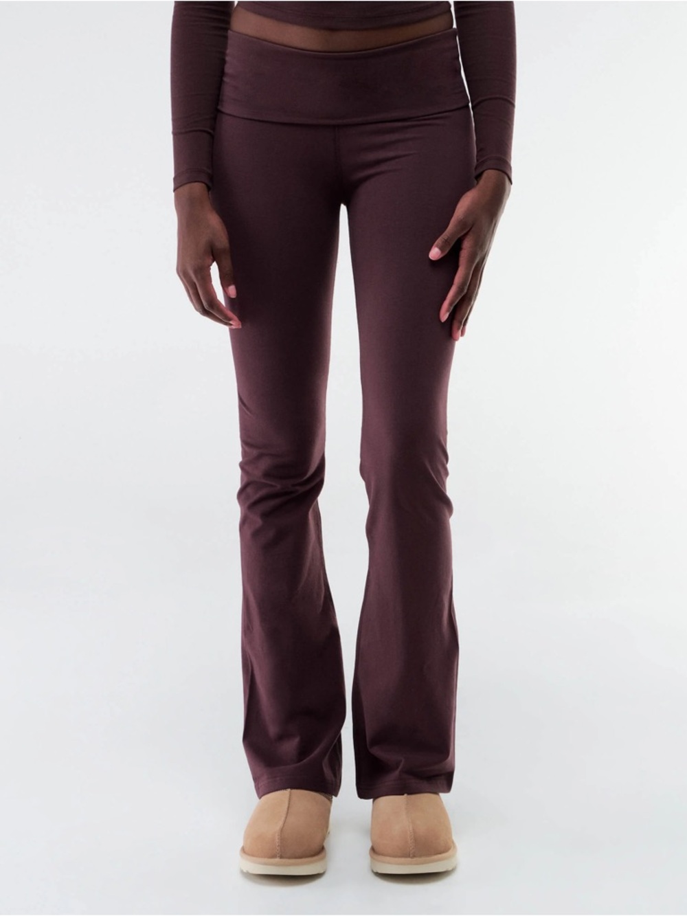 Women's Fold-Over Waist Brown Yoga Pants